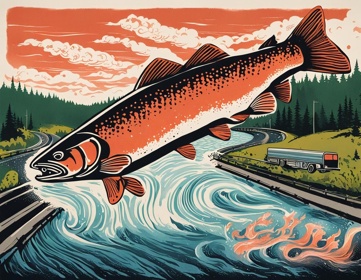 Salmon Leap: Whimsical Ink Poster Art