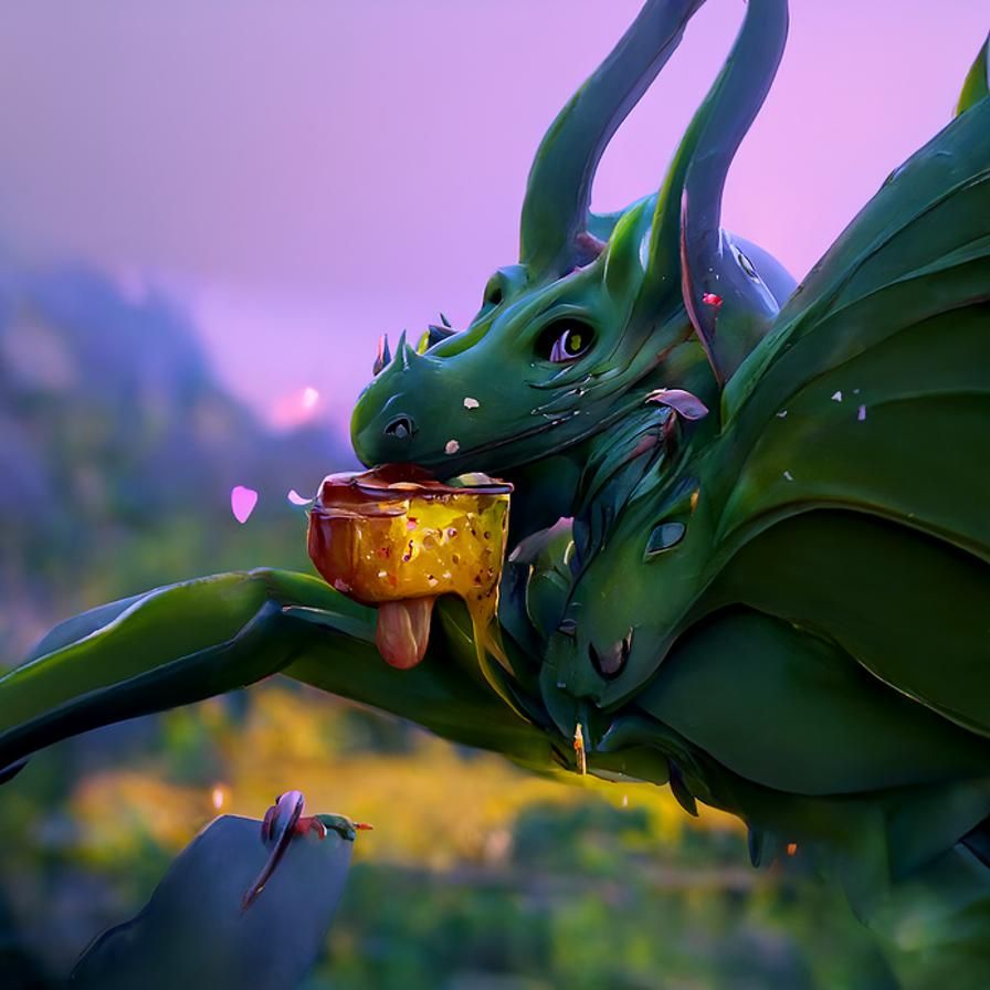 Cute Green Dragon Eating Honey: Fantasy Art