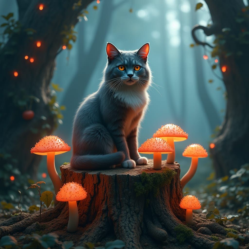 Majestic Cat on Mystical Stump: Fantasy Concept Art