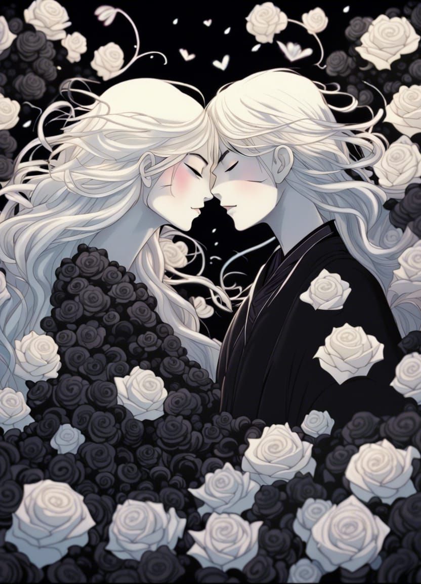 Lovestruck Ghosts Kissing in Black Roses: Anime Art
