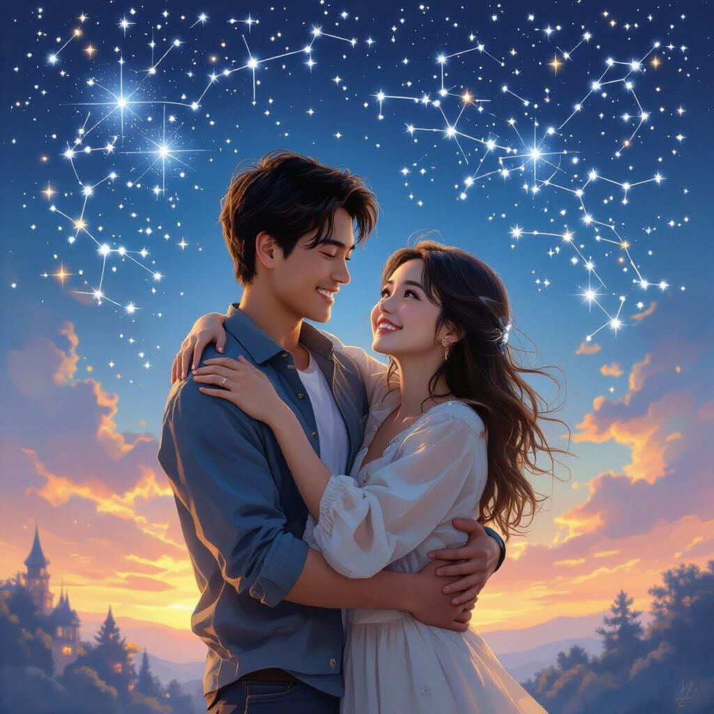 Romantic Stargazing Couple in Ethereal Fantasy Style