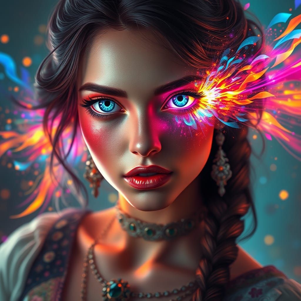 Ethereal Woman with Colorful Energy, Digital Art