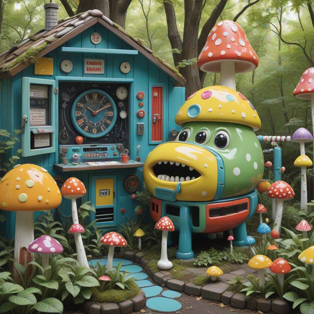 Whimsical Pop Art Sculpture of a Colorful Cabin