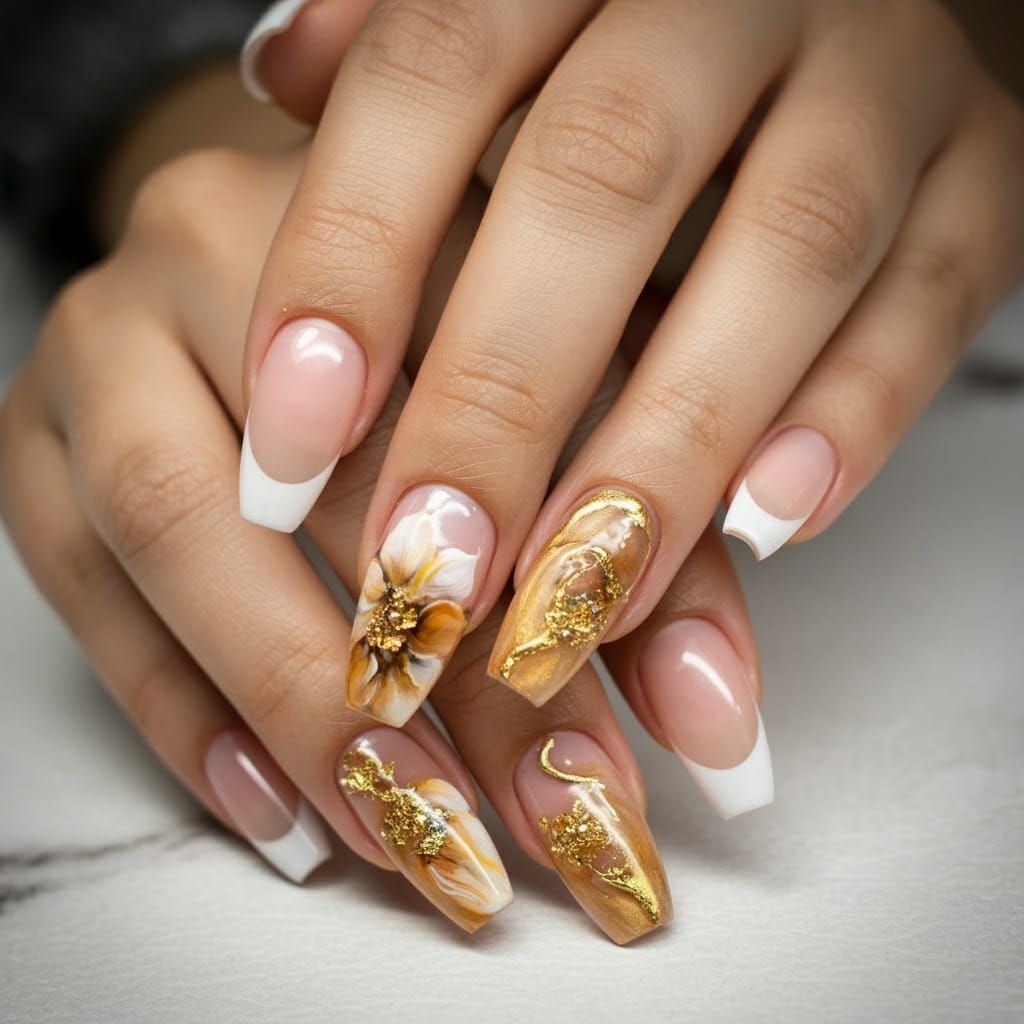 Golden Abstract Nail Art with 3D Floral Accents