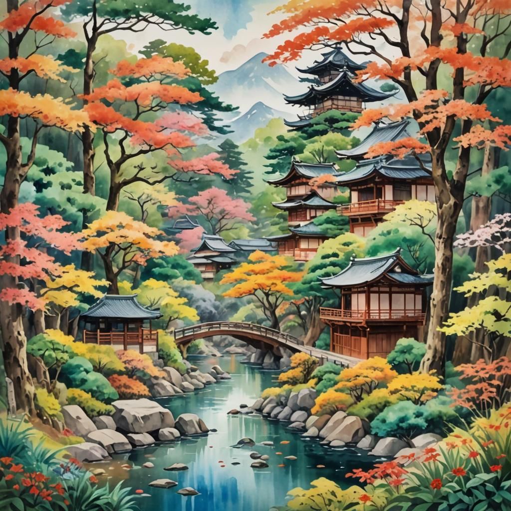 Japanese Collage in Gouache Style, Watercolor Painting