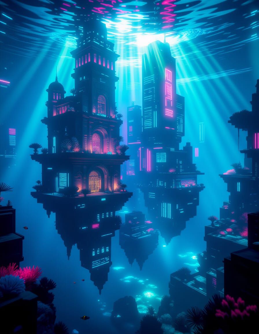 Cyberpunk City Beneath the Waves in Hyperrealistic Style