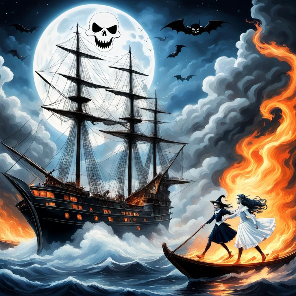 Halloween Ship Battle with Ghostly Figure in the Sky