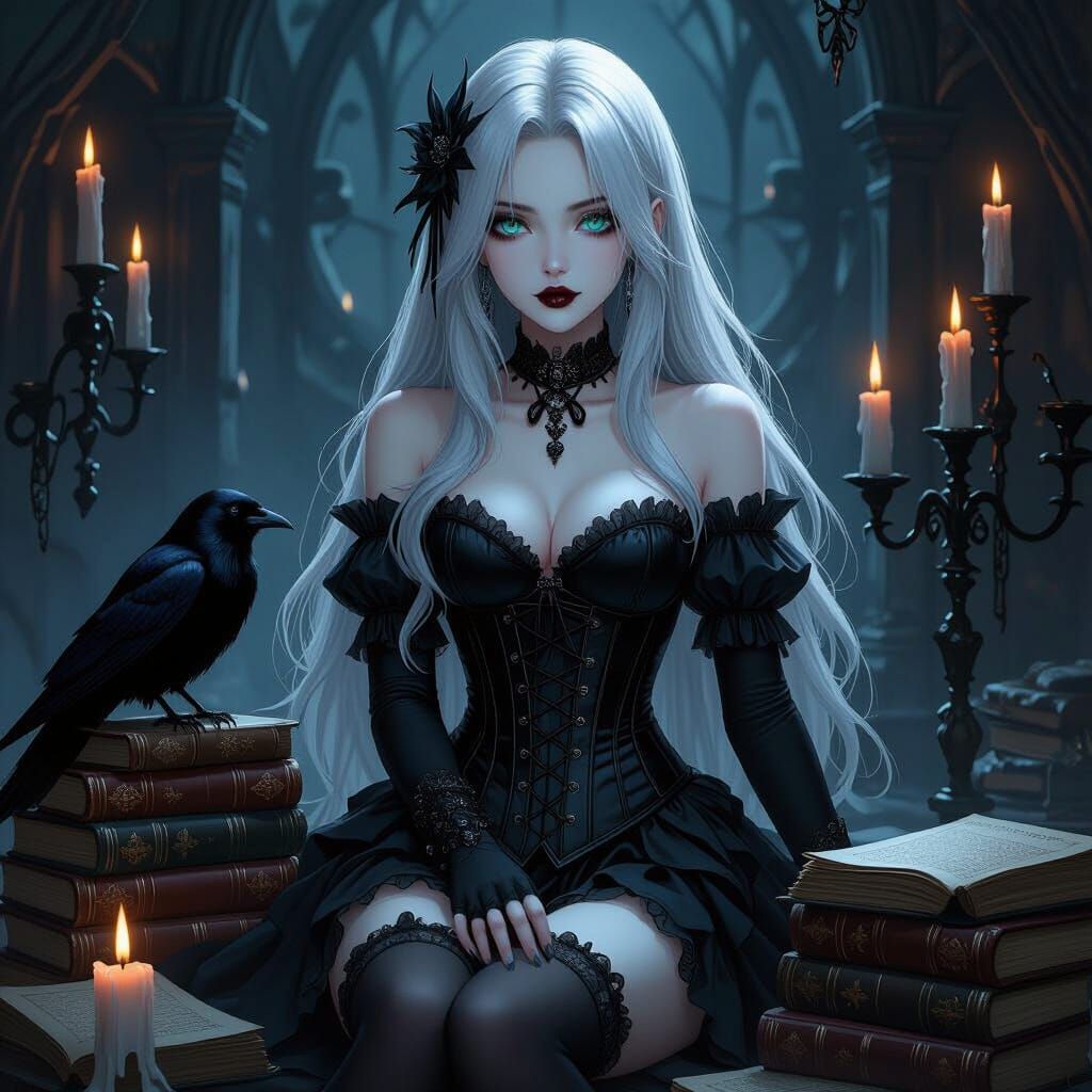 Gothic Anime Woman in Dimly Lit Den as Digital Art