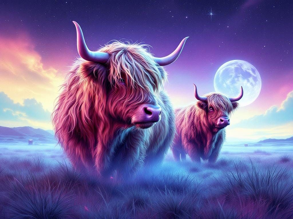 Highland Cattle in Starry Cosmos, Airbrush Art