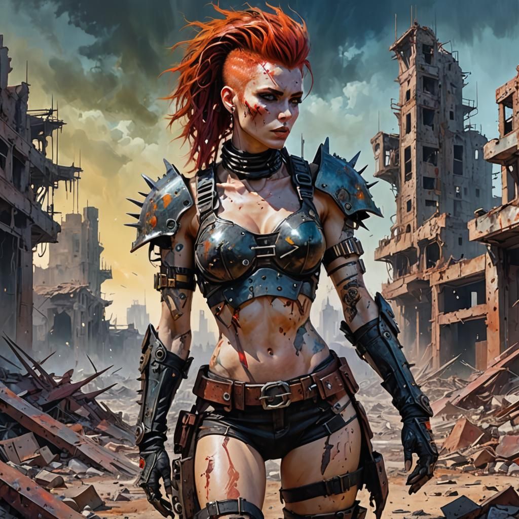 Cyborg Punk Explorer in Post-Apocalyptic Ruins