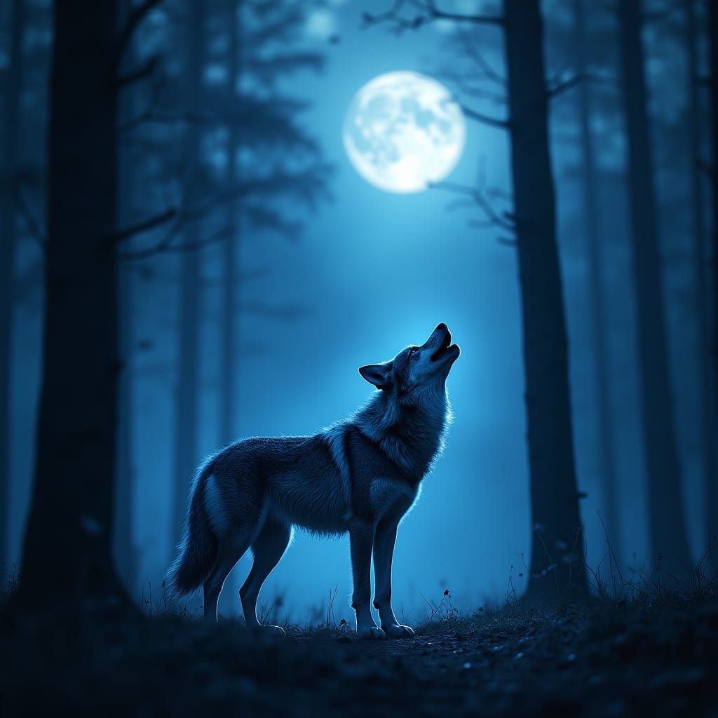 Bioluminescent Wolf Howling at Moon: Double Exposure Portrai...