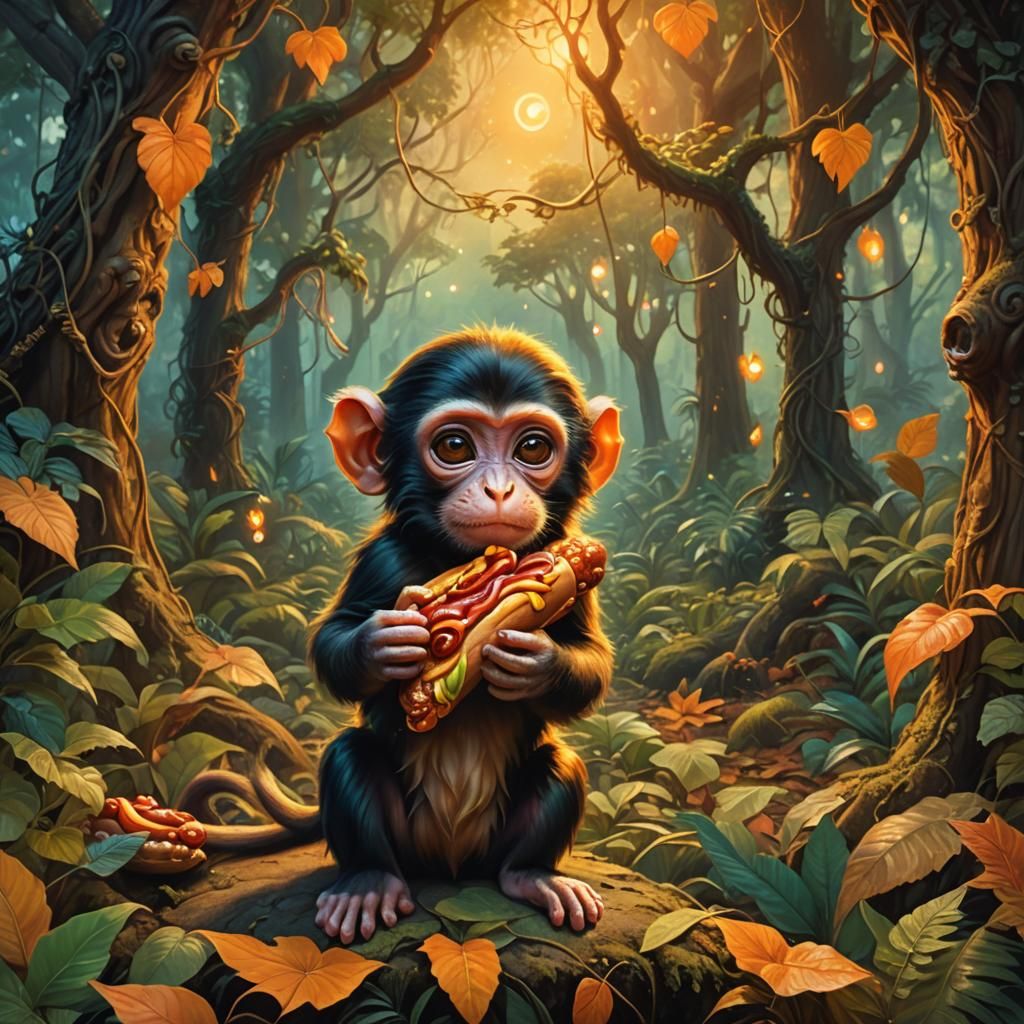Whimsical Forest: Baby Monkey with Hotdog