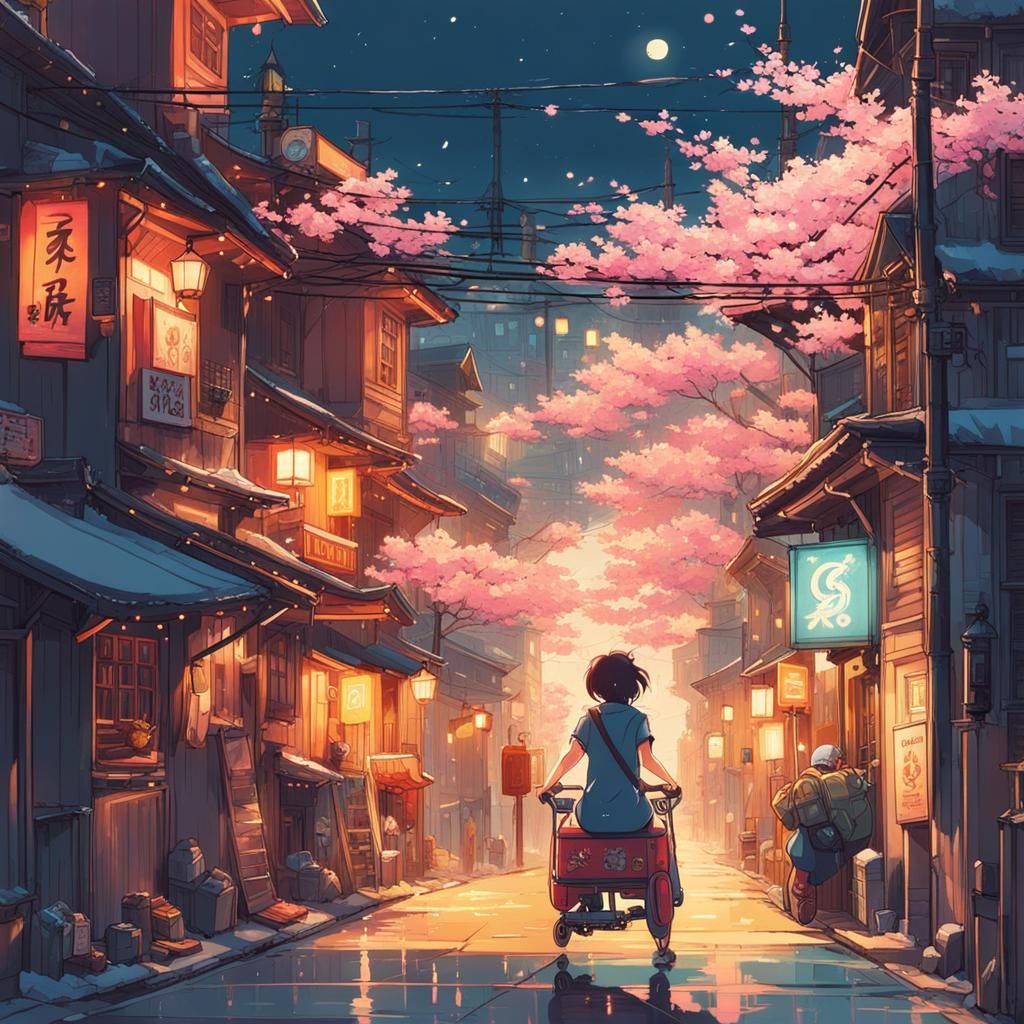 Cozy Ghibli Street Scene with Roller-Skater