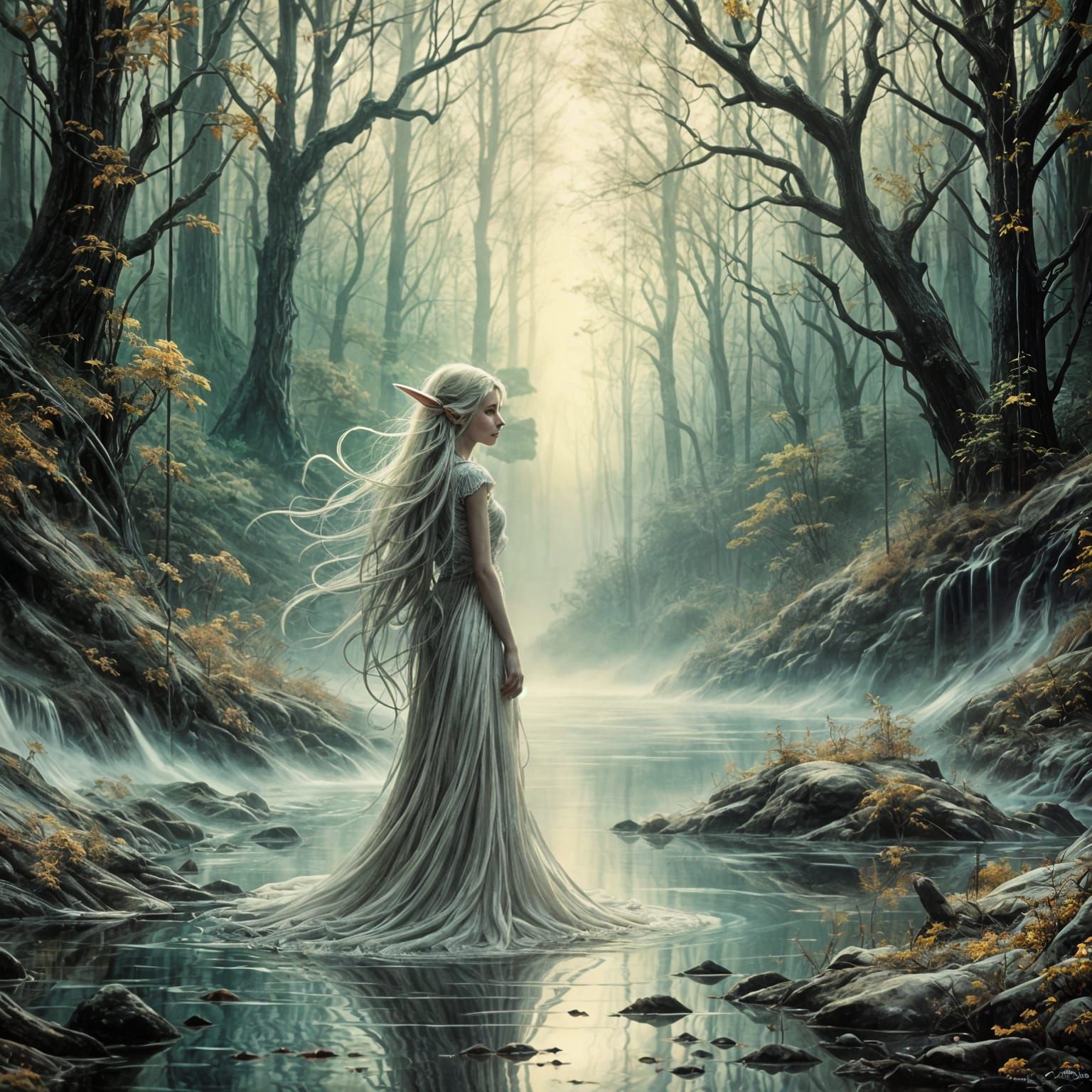 Ethereal Elven Woman Gazing at Nebula Lake Reflection