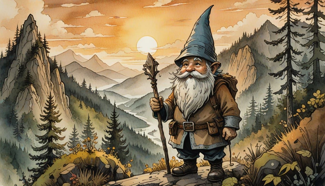 Dour Gnome in Forested Mountains at Sunset