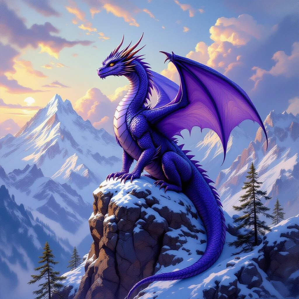 Purple Dragon Perched Atop Mountain Peak: Oil Painting
