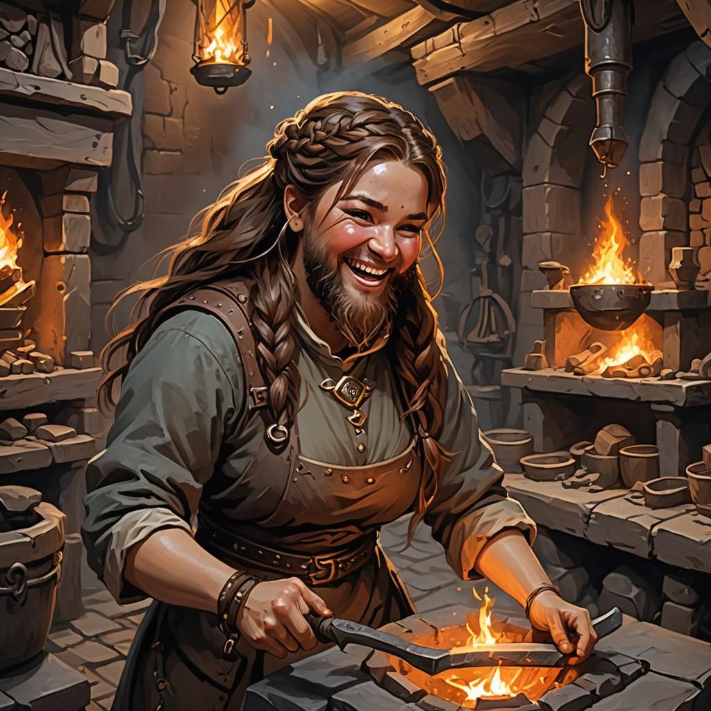 Smiling Dwarven Blacksmith Woman with Braided Beard
