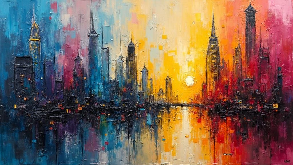 Dynamic Cityscape in Expressionist Neo-Impressionist Style