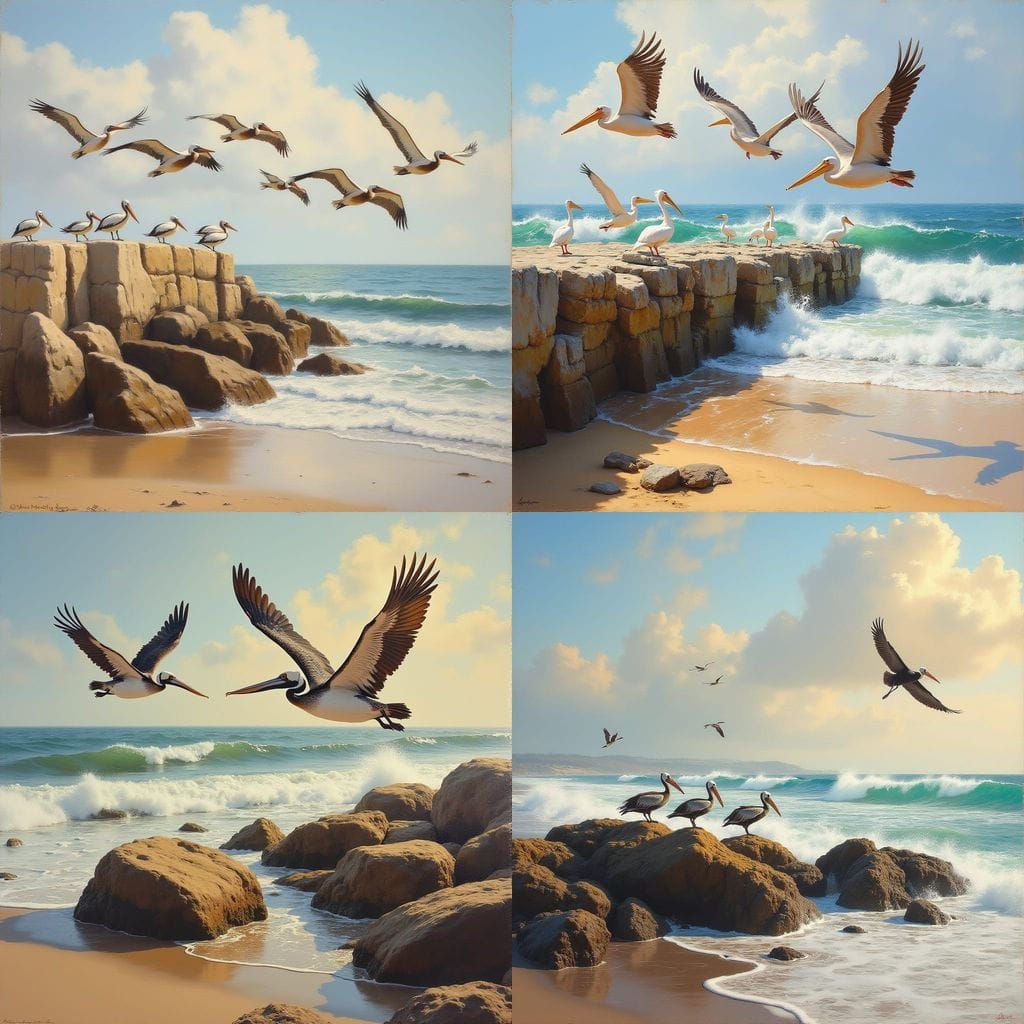 Pelicans Flying Over Jetty Rocks as Oil Painting