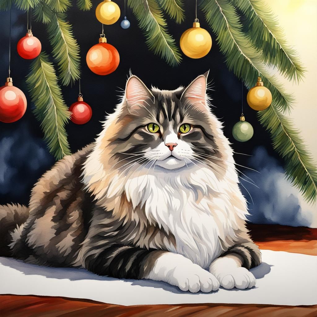 Fat Norwegian Forest Cat Under Christmas Tree