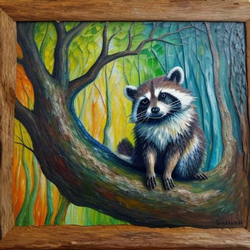 Raccoon in Tree: Neo-Impressionist Expressionist Oil Paintin...