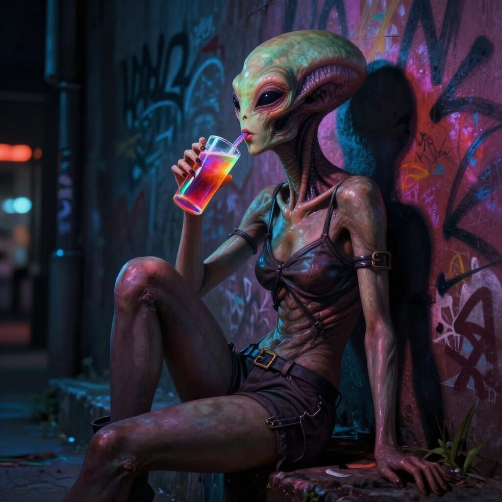 Alien with Mask Drinks Soda Under Neon Lights