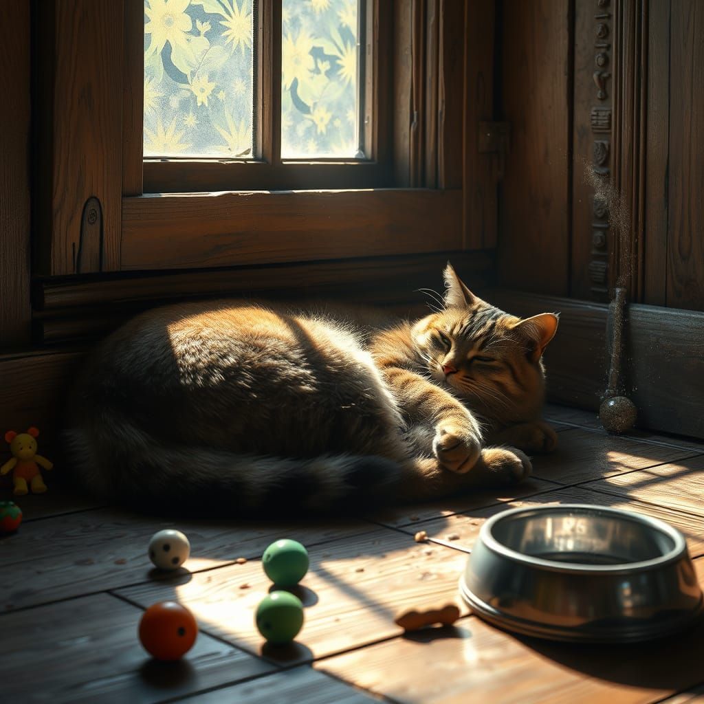 Tabby Cat in Sunlight, Matte Painting Style