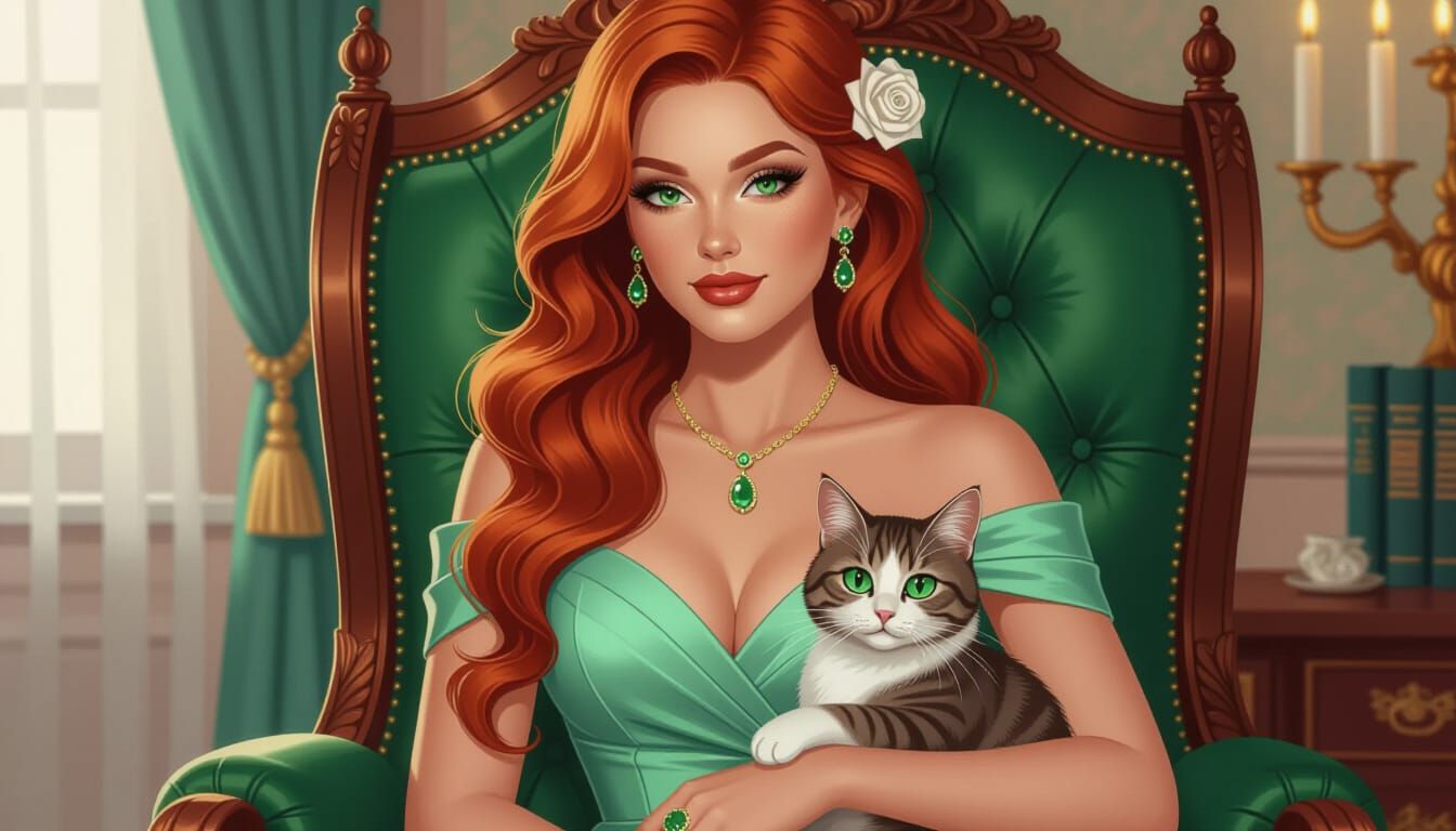 Red-Haired Woman with Emeralds in Pastel Dress