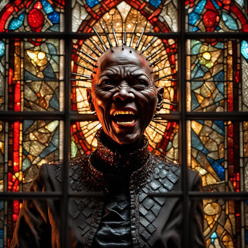 Hyperrealistic Female Pinhead Screaming in Shattered Glass