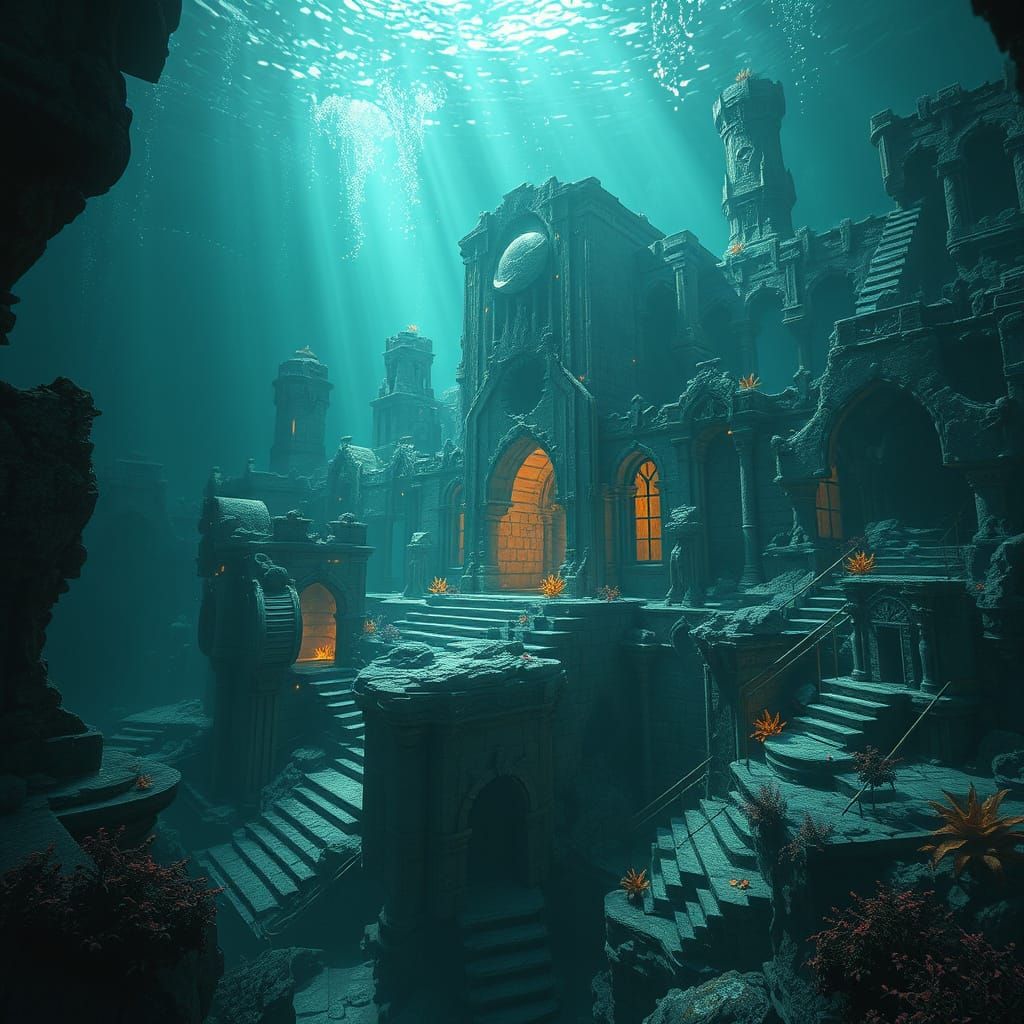 Ruined Atlantis Underwater City with Bioluminescent Flora