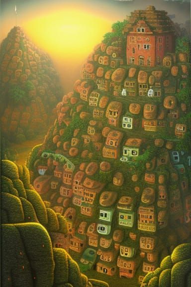 Detailed Hillside Village Illustration in Surreal Style