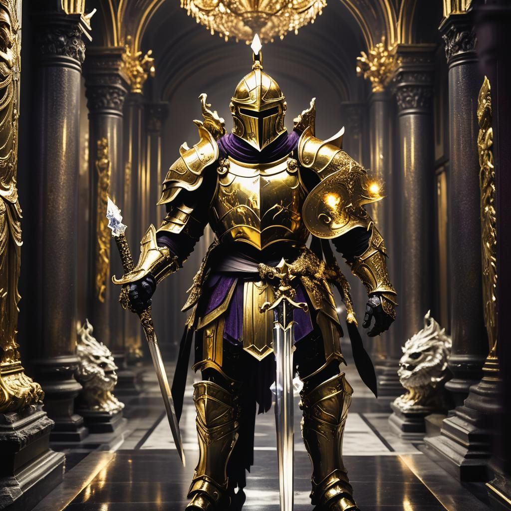 Knight in Golden Armor with Obsidian Ornaments