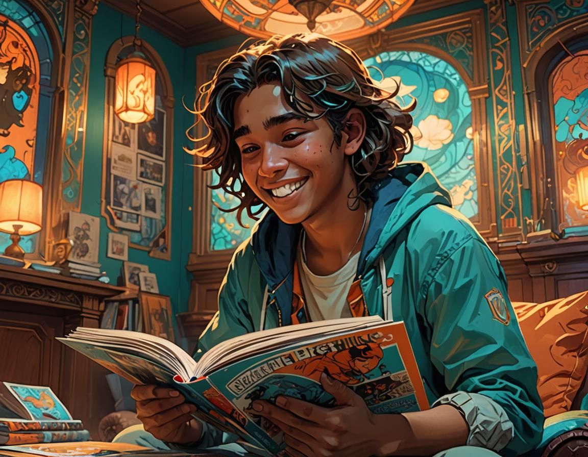 Teenager Laughing While Reading Comic Book
