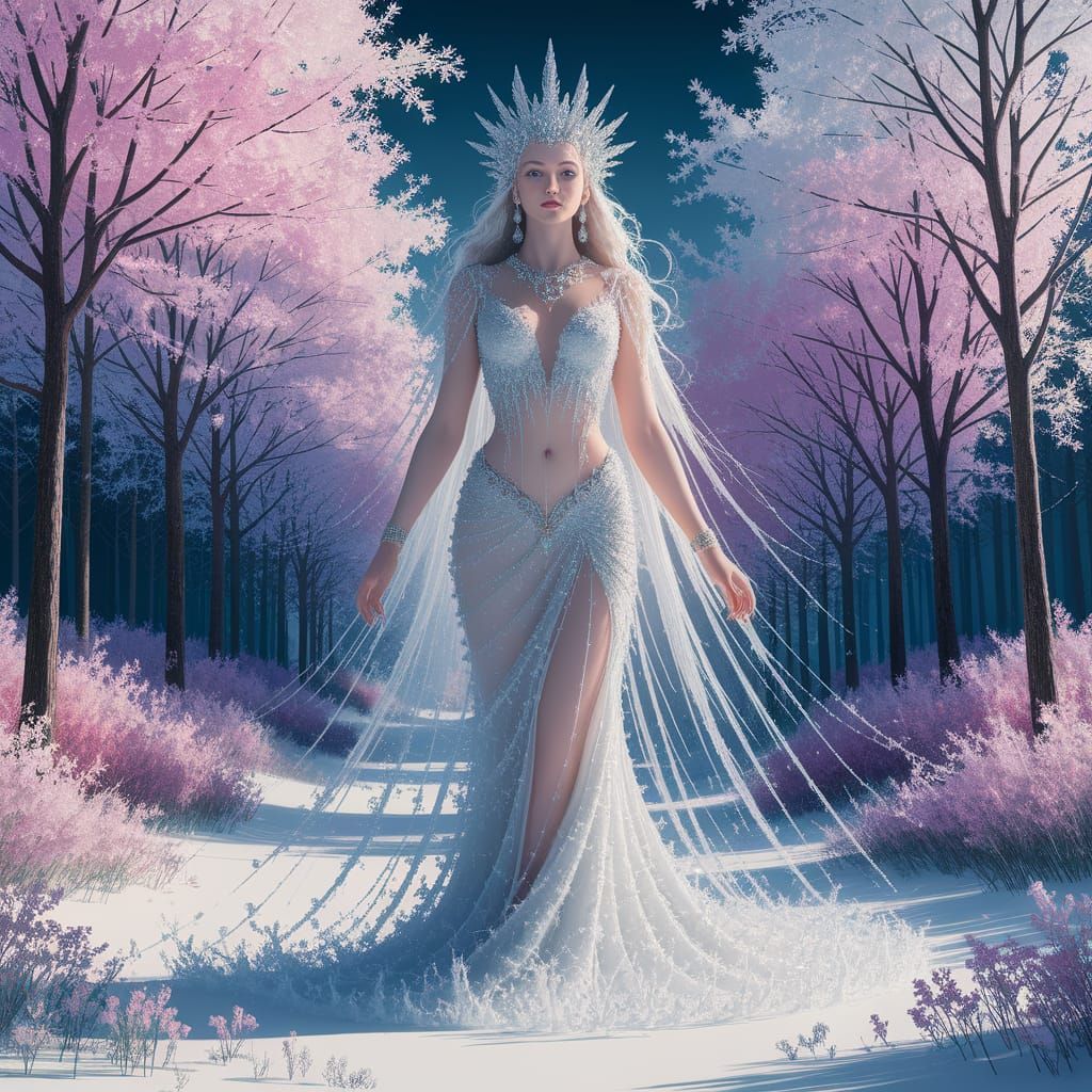 Snow Goddess in Ethereal Forest Digital Illustration