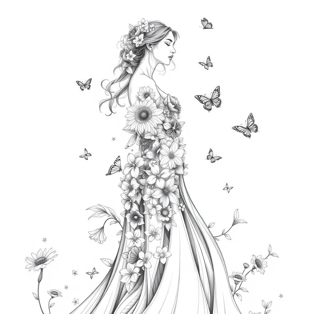 Botanical Woman: Graphite Art with Floral Bloom