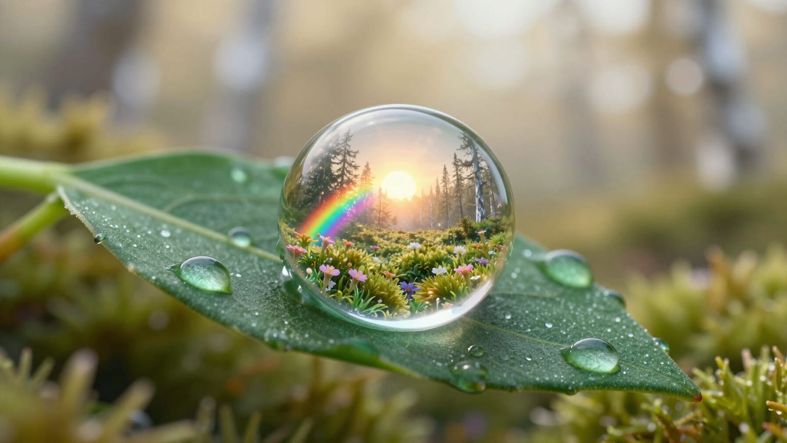 Dewdrop Sunrise on Emerald Leaf with Microscopic World