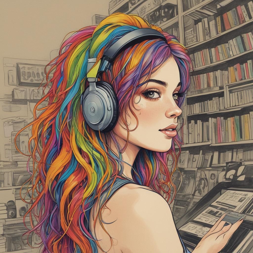 Rainbow Haired Woman in Record Shop: Ink Illustration
