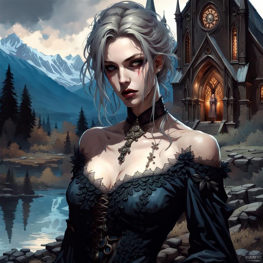 Gothic Vampire in Lace with Azure Hair