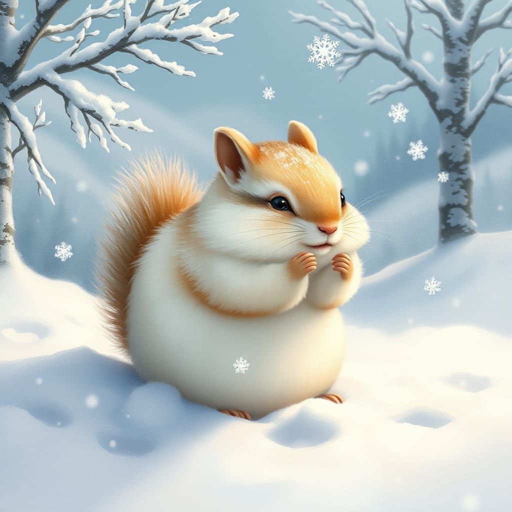 Whimsical Winter Wonderland: Chubby Chipmunk in Snowy Deligh...