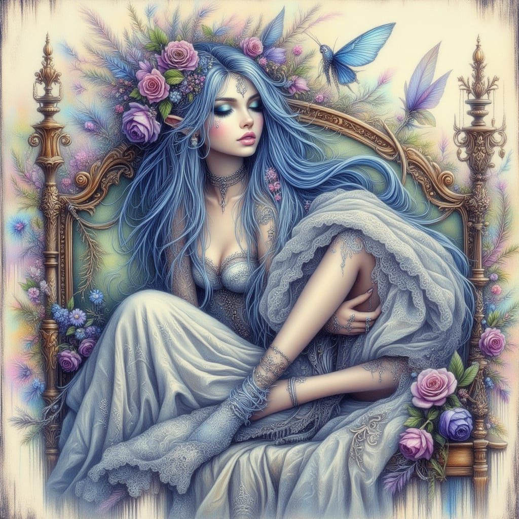 delicate and ethereal portrait of a elven woman lounging upo...