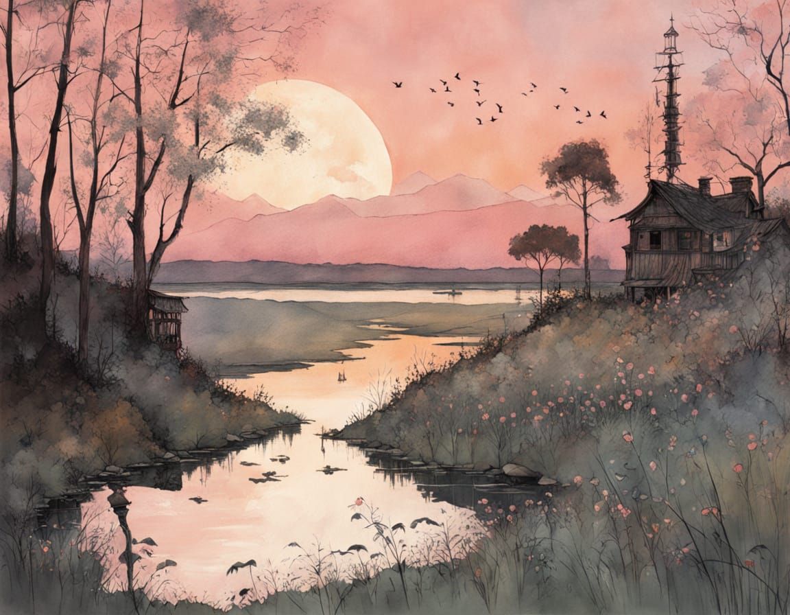 Pink Sunset Lake Landscape in Illustrative Style