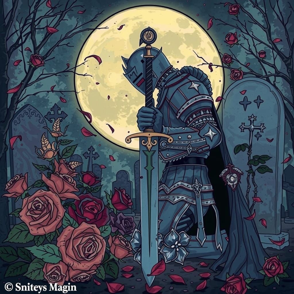 Knight Under Moonlit Roses in Whimsical Fantasy Art