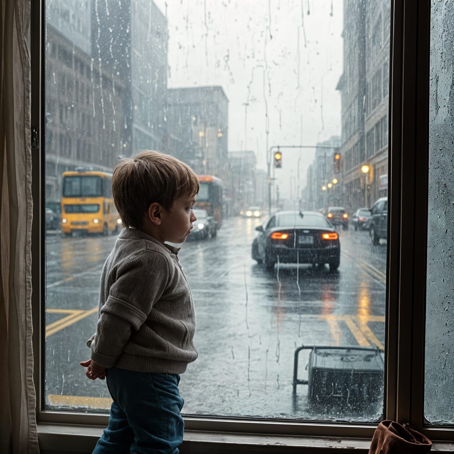 A Melancholic Moment: Child Contemplates Rainy Day