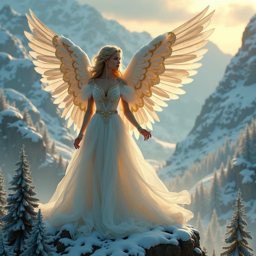 Majestic Female Angel in Maximalist Winter Wonderland
