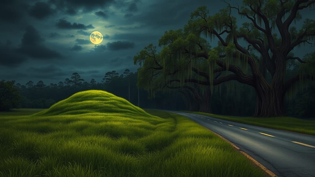 Eerie Burial Mound Landscape in Atmospheric Style