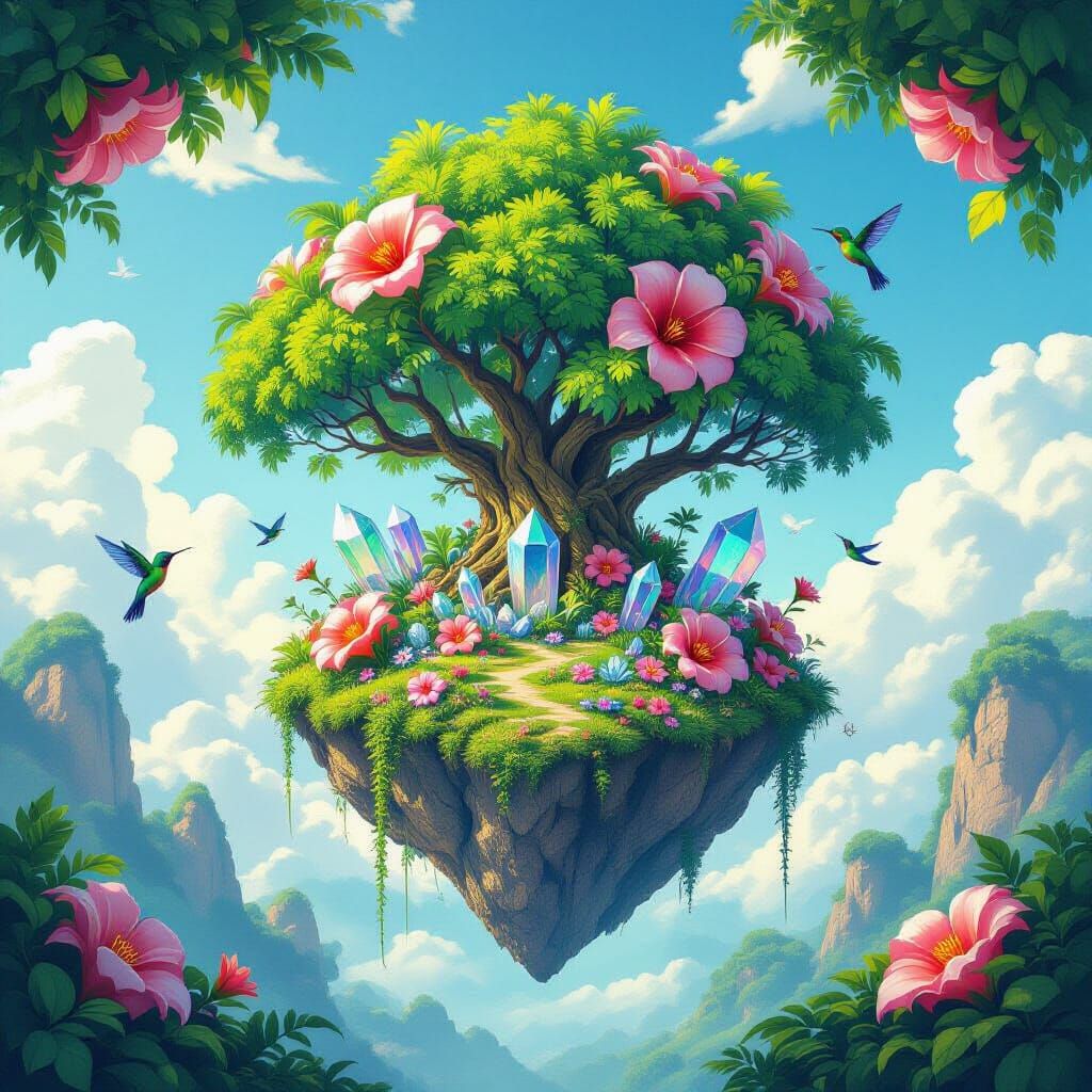 Floating Jungle Island in Clear Blue Sky