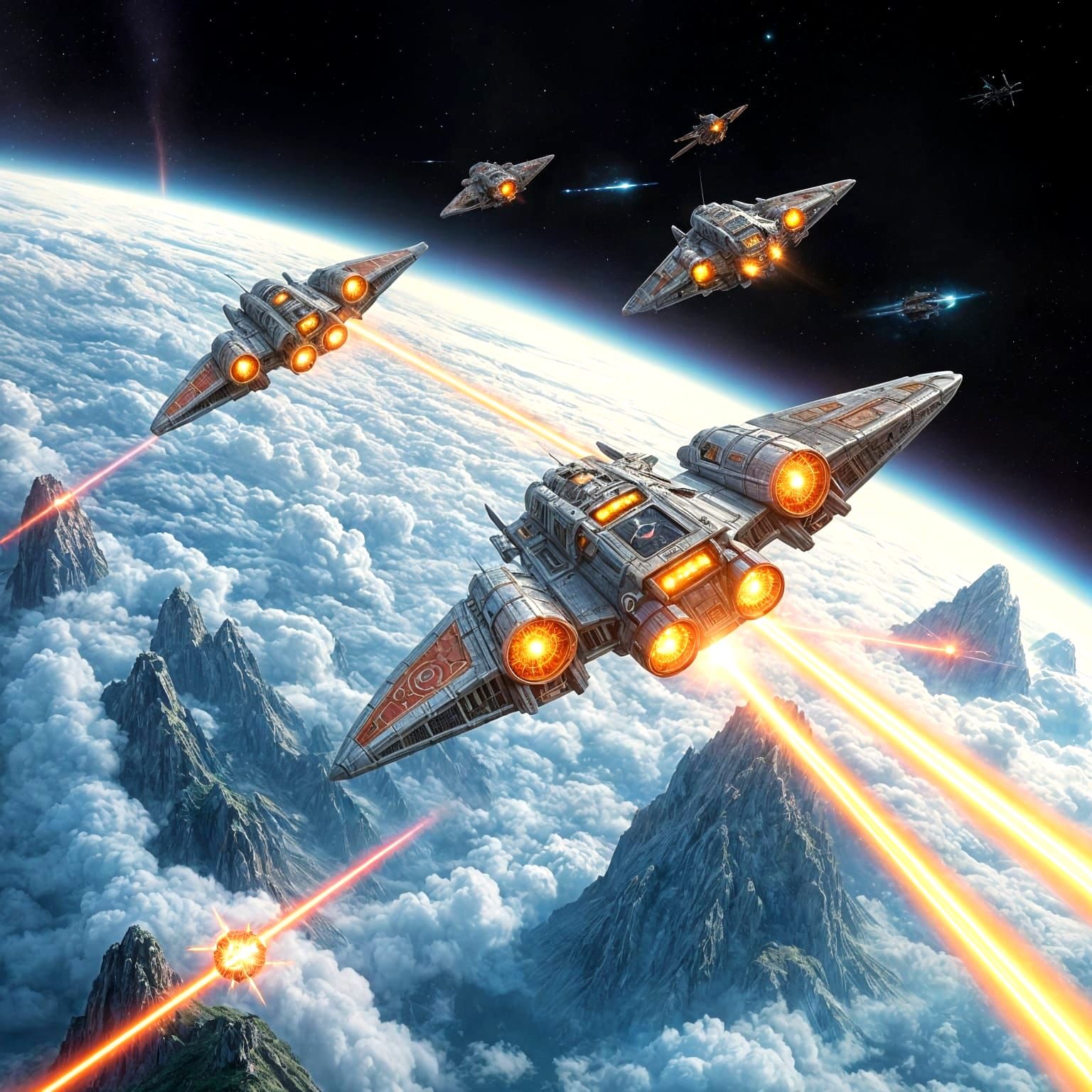 Spaceship Battle Above a Swirling Planet