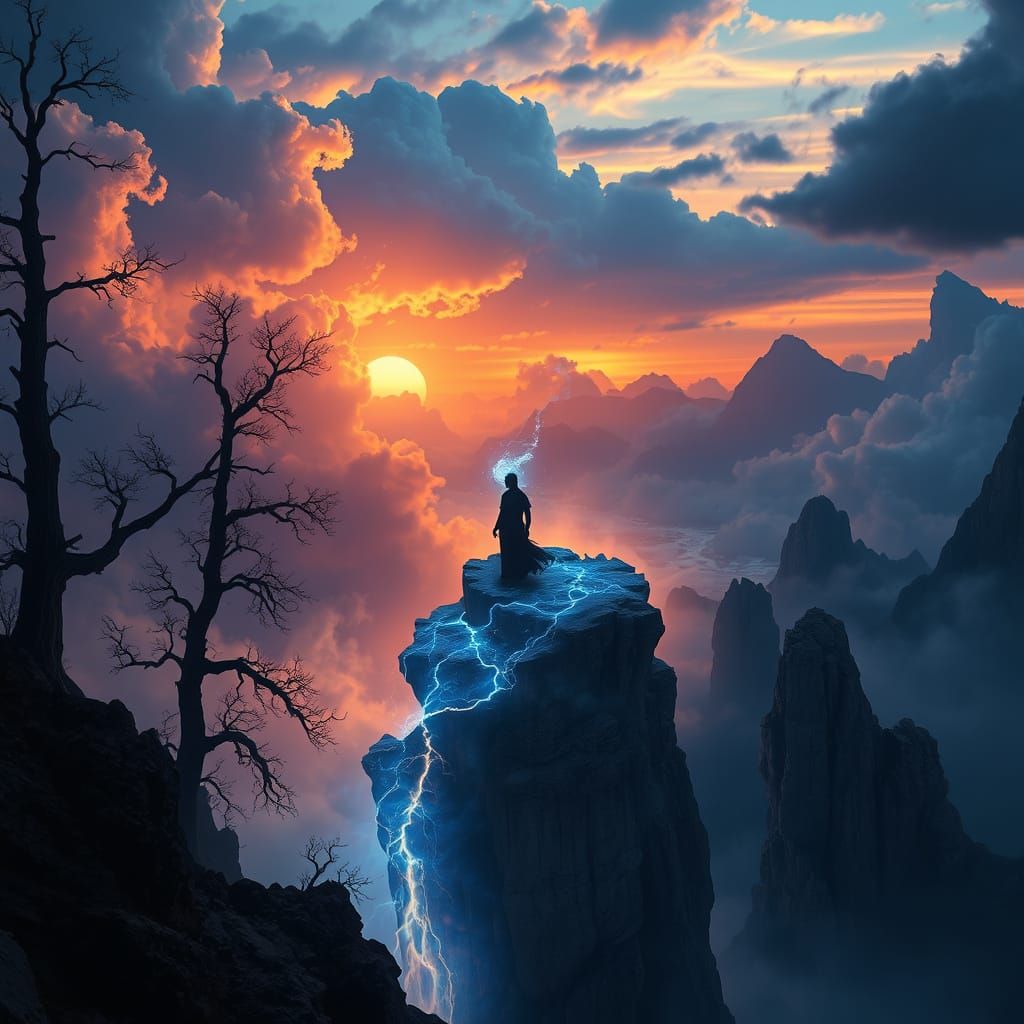 Ethereal Silhouette Radiates Deep Blue Essence on Golden Sun...