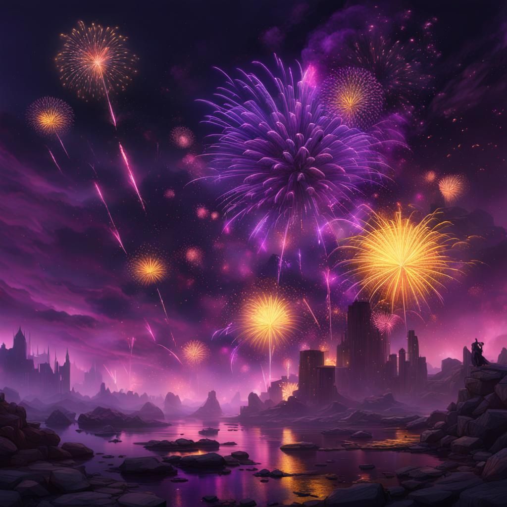 Spectacular Purple Fireworks in Dark Fantasy Style