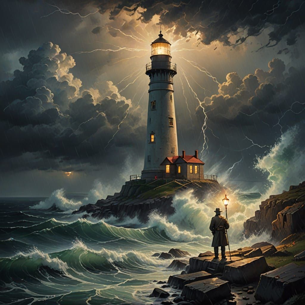 Lighthouse Keeper in Stormy Seas, Impressionist Oil Painting